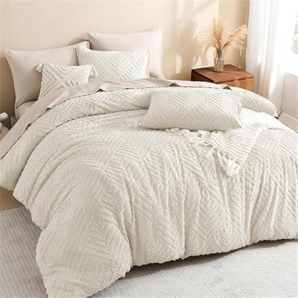 King Size Comforter Set Beige, 3 Pieces Cream Tufted Boho Farmhouse